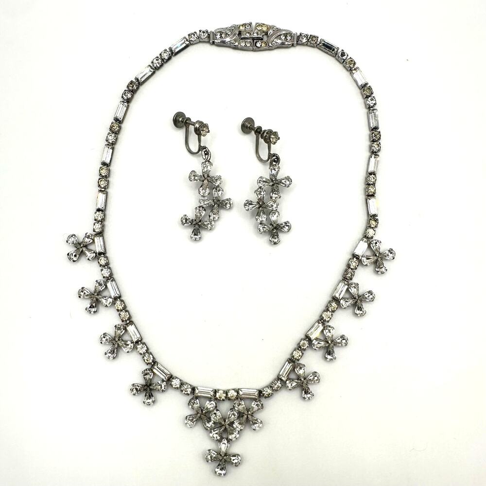 Phyllis vintage sterling silver clear rhinestones necklace earrings set